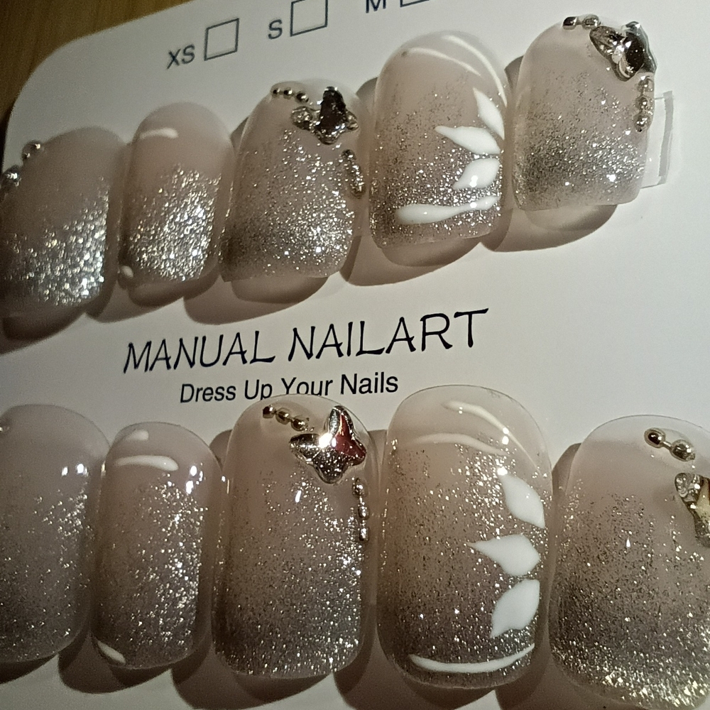 Silver Cat Eye Short Square Nail Set with Butterfly Accents